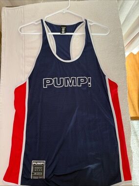 PUMP Men's Navy & Red Athletic racerback tank top. Perforated fabric.